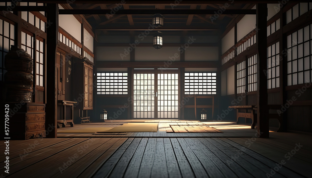 Oriental interior with window and mat on floor, sport hall for martial art classes. Indoor background. AI generative image. - obrazy, fototapety, plakaty 