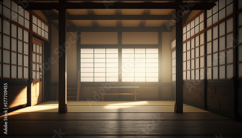 Oriental interior with window and mat on floor, sport hall for martial art classes. Indoor background. AI generative image.