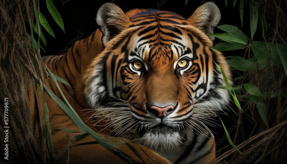 tiger in rainforest, stare from yellow eyes, lifelike