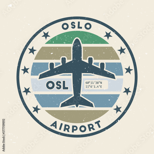 Oslo airport insignia. Round badge with vintage stripes, airplane shape, airport IATA code and GPS coordinates. Awesome vector illustration.