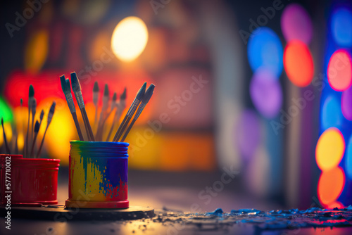 Paintbrushes with paints on blurred artistic workshop indoor background. Art classes. AI generative image.