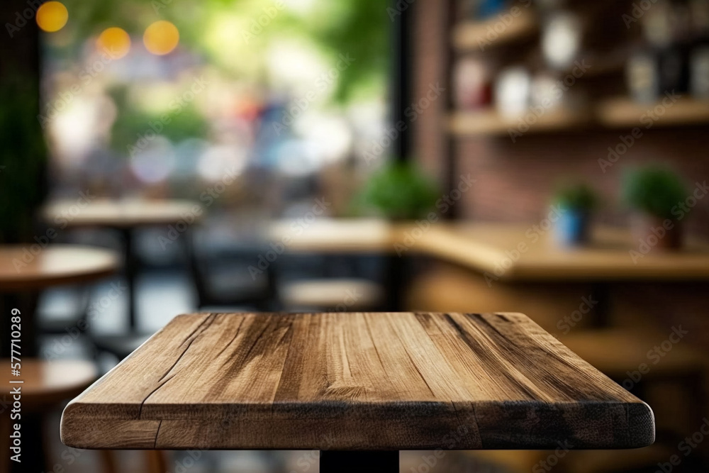 Wooden board empty table in front of blurred background. Perspective brown wood over blur in coffee shop, generative ai