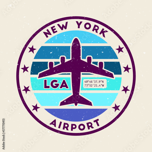 New York airport insignia. Round badge with vintage stripes, airplane shape, airport IATA code, and GPS coordinates. Creative vector illustration.