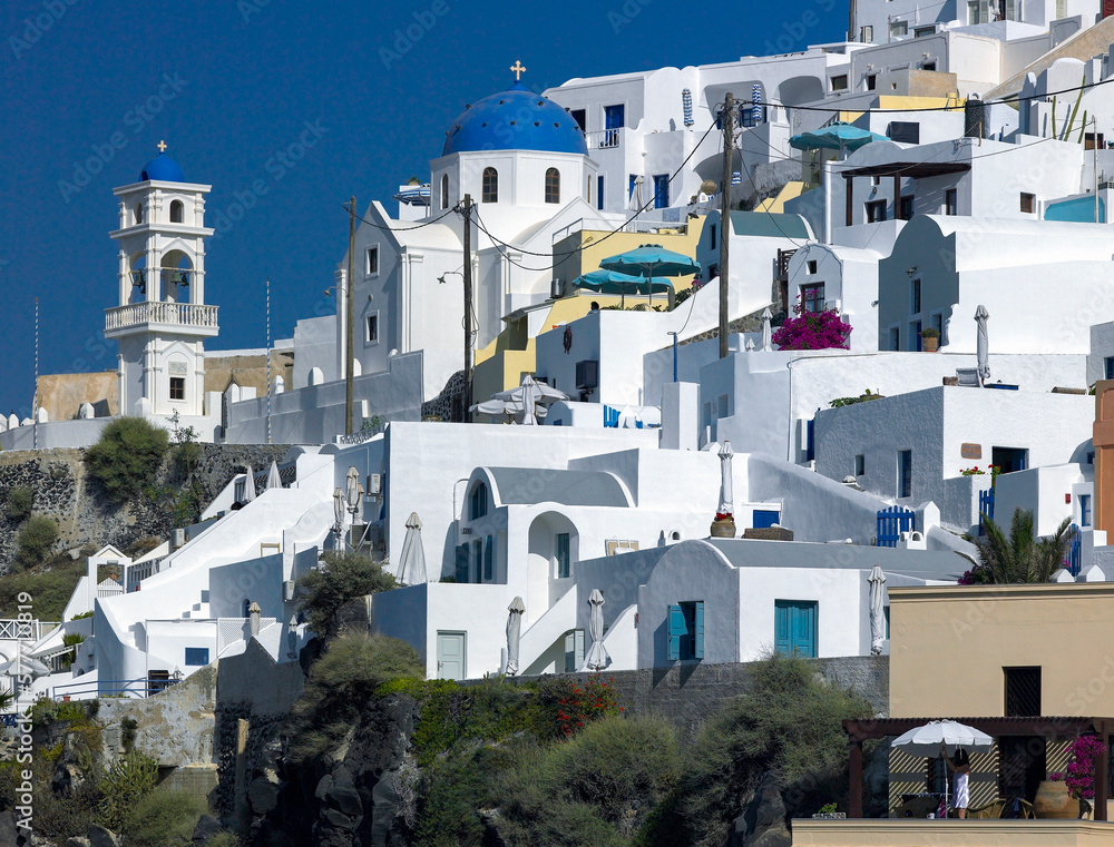 The clifftop town of Imerovigli on the volcanic island of Santorini in the Aegean Sea of the coast of mainland Greece.