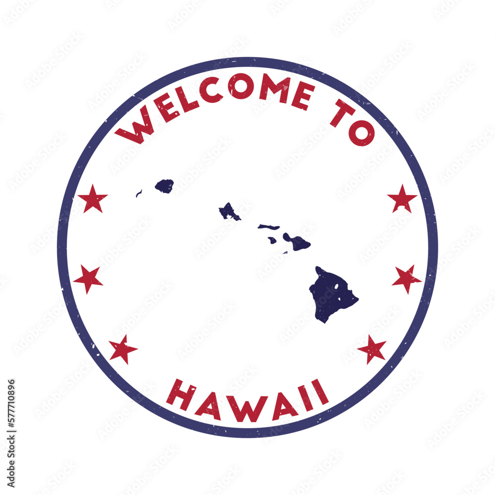 Welcome to Hawaii stamp. Grunge island round stamp with texture in Chili Pepper color theme. Vintage style geometric Hawaii seal. Authentic vector illustration. Welcome to Hawaii stamp. Grunge island round stamp with texture in Chili Pepper color theme. Vintage style geometric Hawaii seal. Authentic vector illustration.