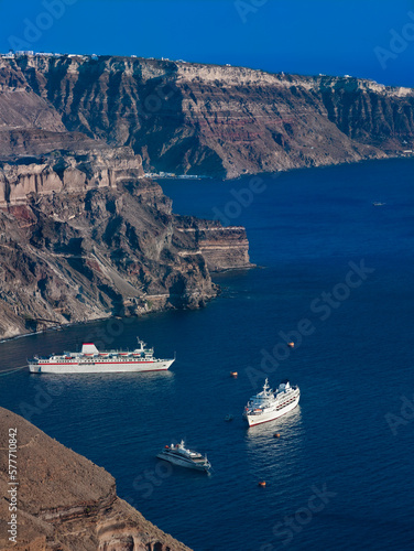 The Greek volcanic island of Santorini in the Aegean Sea off the coast of mainland Greece