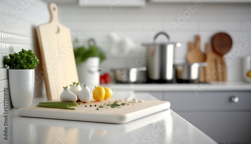 Close up chopping or cutting wooden board with vegetables on the table, day light kitchen interior, indoor background with copy space. AI generative images.