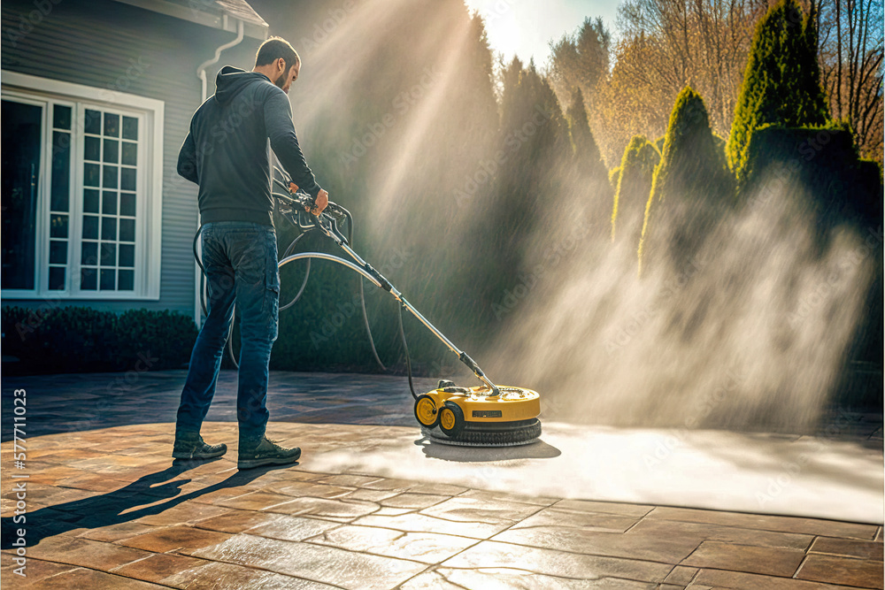 Fototapeta premium Spring cleaning works in the garden, washing the driveway, cleaning the gutters, washing the facade. Pressure washer. Generative AI.