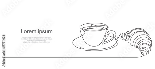 Croissant and coffee drawn in one line style. Breakfast theme with linear pastry and coffee for logo and posters, simple sketch design. Vector illustration isolated on white background