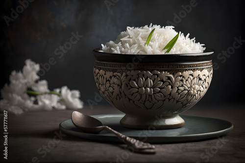 cooked plain white basmati rice or steamed rice in bowl, Generative AI