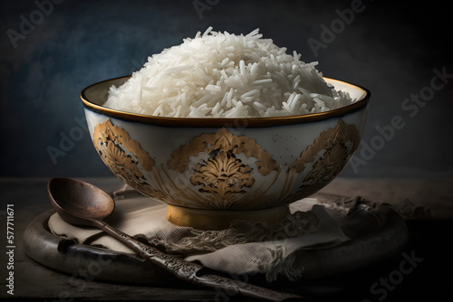 cooked plain white basmati rice or steamed rice in bowl, Generative AI