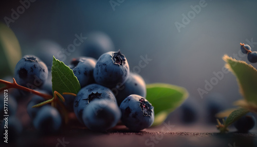 Close up ripe sweet fresh blueberry berries with green leaves. Healthy food concept. AI generative image.