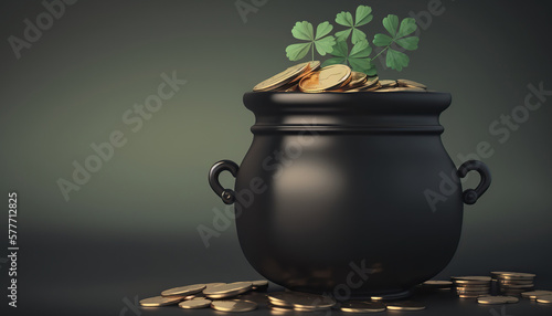 St. Patrick's day greeting card with pot full of golden coins and clover shamrock leaves. Horizontal holiday banner. AI generative image.