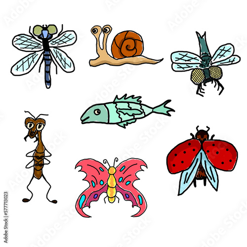 funny bugs and fish simple illustration set hand drawing © Evgeniia