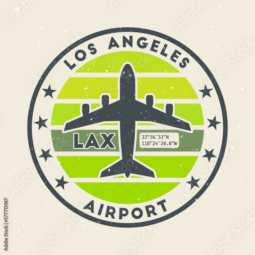 Los Angeles airport insignia. Round badge with vintage stripes, airplane shape, airport IATA code, and GPS coordinates. Cool vector illustration.