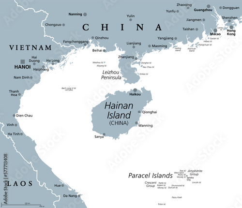 Hainan, southernmost province of China, and surrounding area, gray political map. Hainan Island, and Paracel Islands in the South China Sea, south of the Leizhou Peninsula, and east of Gulf of Tonkin. photo