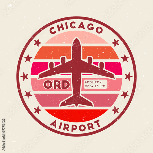 Chicago airport insignia. Round badge with vintage stripes, airplane shape, airport IATA code and GPS coordinates. Authentic vector illustration. photo