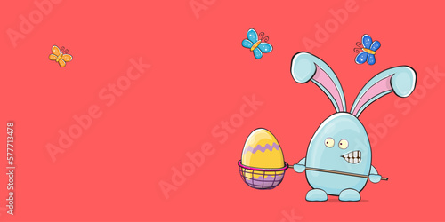 Cartoon funny cartoon blue easter bunny holding butterfly net full of colorful easter eggs inside isolated on horizontal banner pink background. Easter hand drawn blue cute rabbit sticker or label