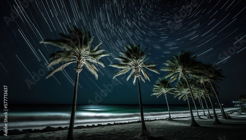 Tropical night summer beach  stunning seascape scene with starry sky  ocean and palm trees. Sea shore outdoor background. Vacation travel destinations. AI generative image.
