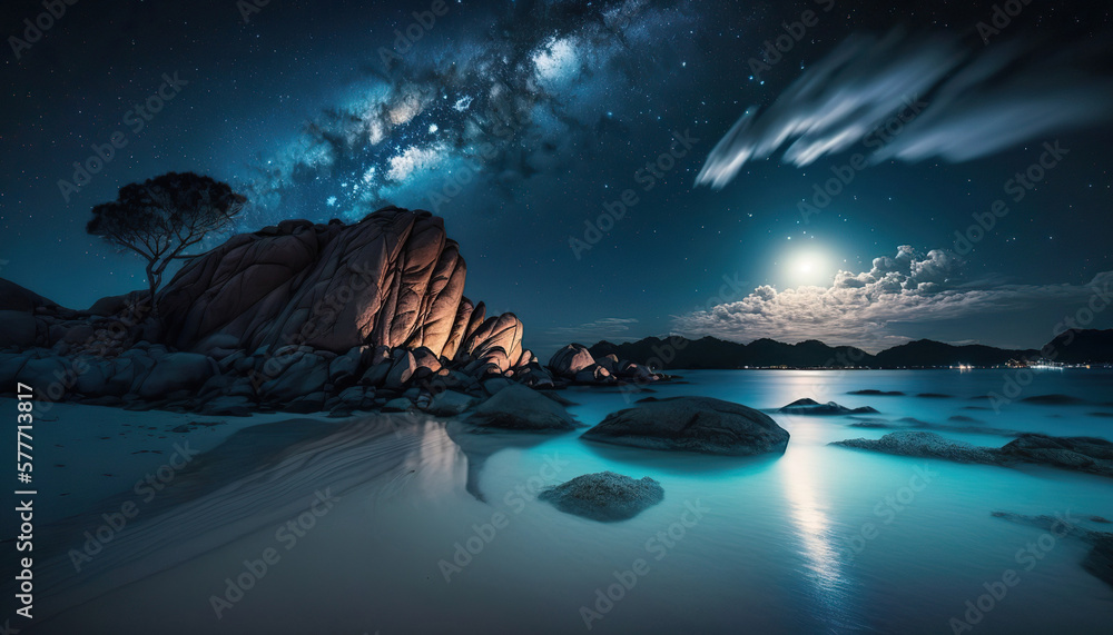 Beautiful night seascape with starry sky, ocean sandy coast and rocks. Exotic landscape. Horizontal outdoor wild nature background. AI generative image.