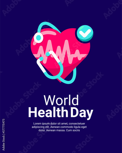 world health day social media post template with heartbeat and stethoscope illustration