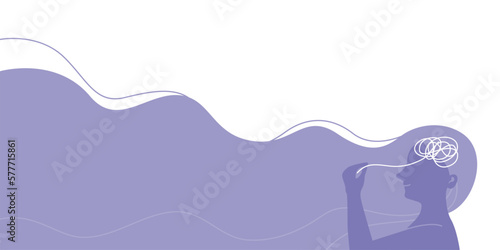 Silhouette of smiling woman with managing her stress or depress, mental health concept. Flat vector illustration banner.	