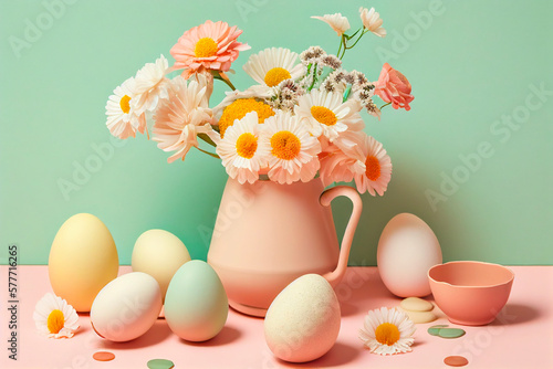 Easter eggs and flowers in vase on pastel color background. Easter and Spring Minimal Design Concept. Generative AI
