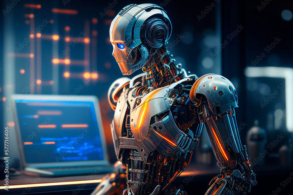 Humanoid robot in a office datacenter. Generative AI Humanoid robot in a office datacenter. Generative AI