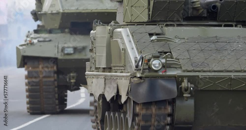 4K - Front view of the tank column. Close-up