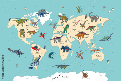 Dinosaur world map vector illustration.