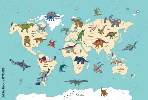 Obraz mapa świata i dinozaury