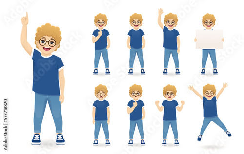 Smiling cute boy in glasses different poses set. Various kid gestures - thinking, angry, crying, jumping, welcoming, holding empty blank board and making idea pointing up isolated vector illustration