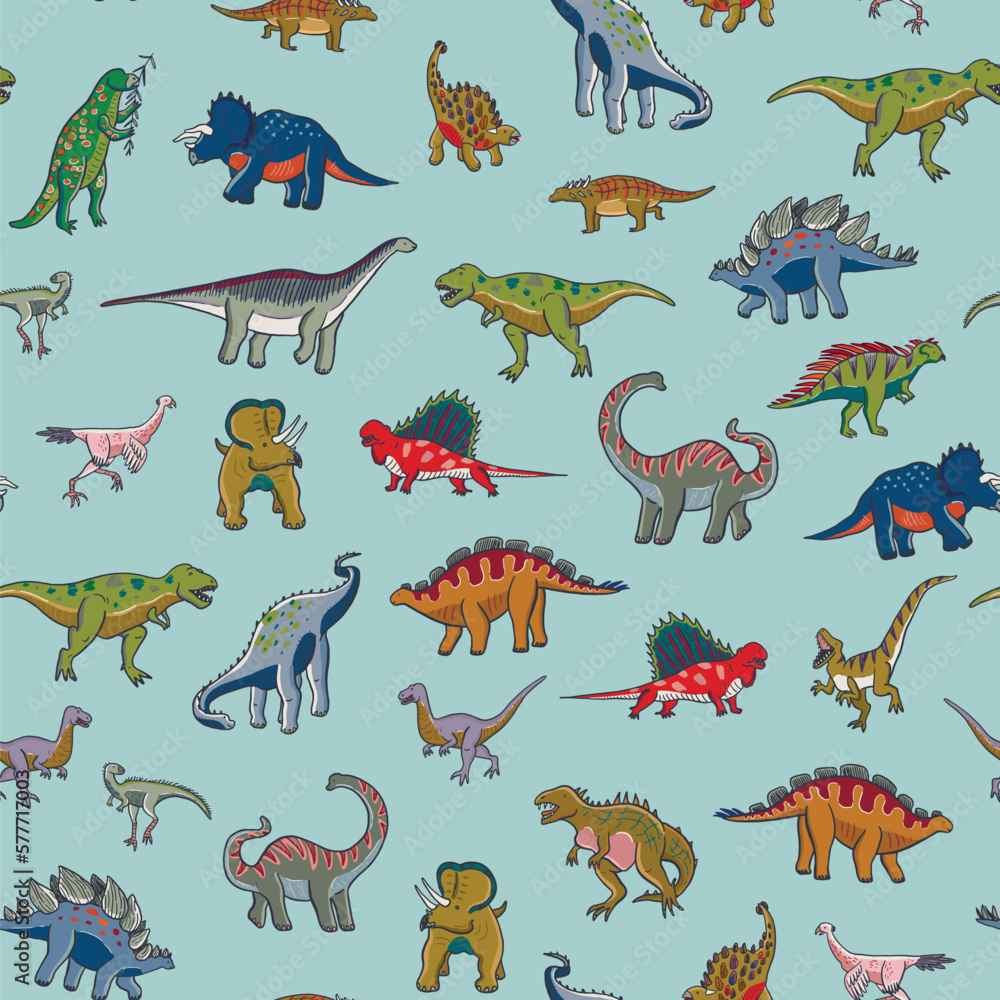 Obraz premium Dinosaur doodle vector seamless pattern.