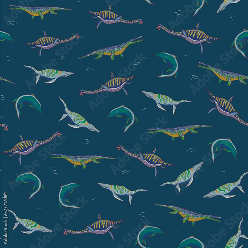 Water dinosaur doodle vector seamless pattern.