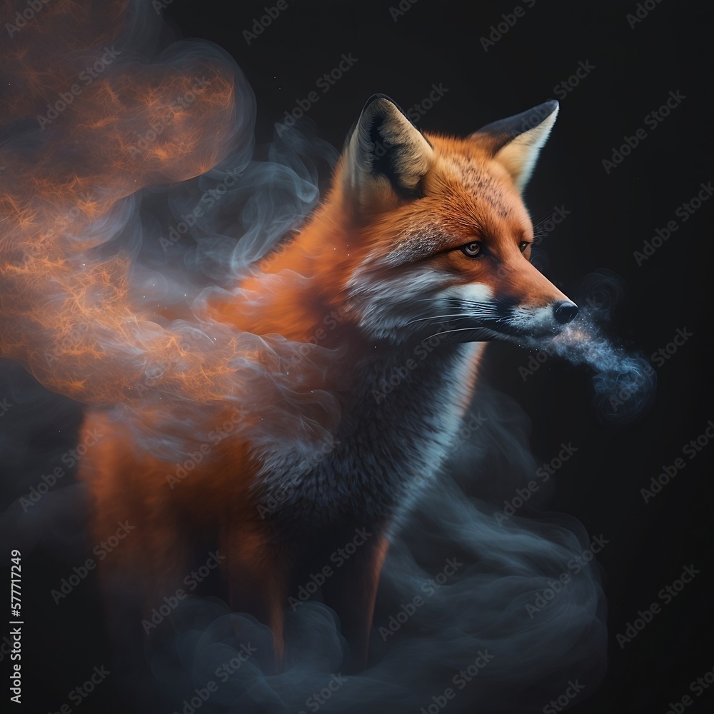 Fox in the smoke. Fox in smoke on a dark background. Wild animal. Smoke and fire. Generative AI.
