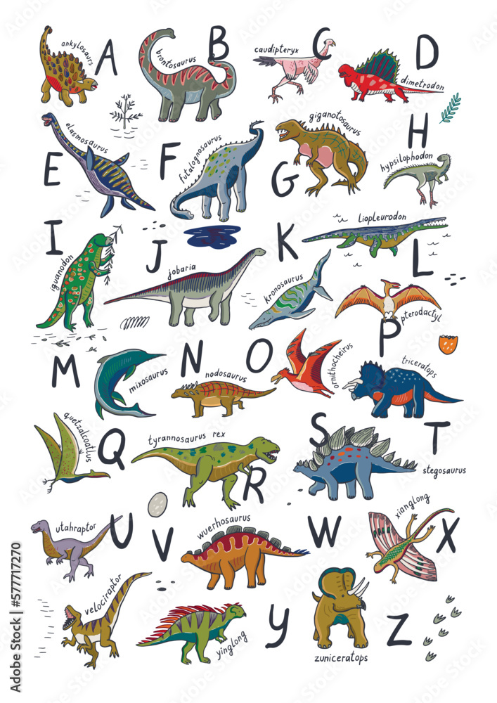 Dinosaur alphabet poster vector illustrations set. Dinosaur alphabet poster vector illustrations set.