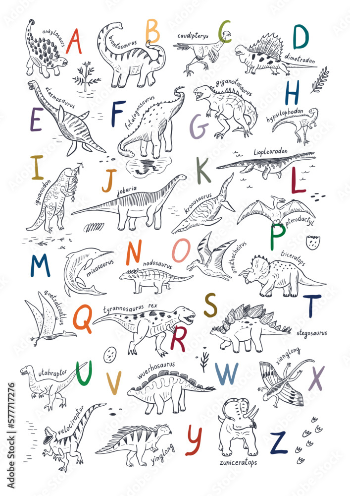 Dinosaur line alphabet poster vector illustrations set.