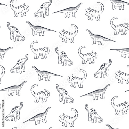Dinosaur brontosaurus line doodle vector seamless pattern.