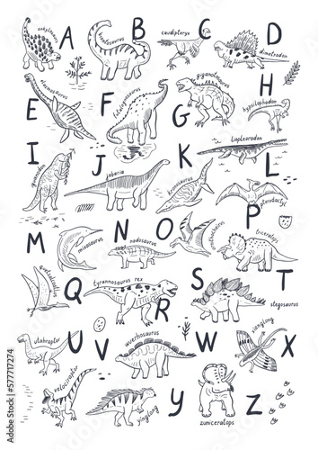 Dinosaur line alphabet poster vector illustrations set.