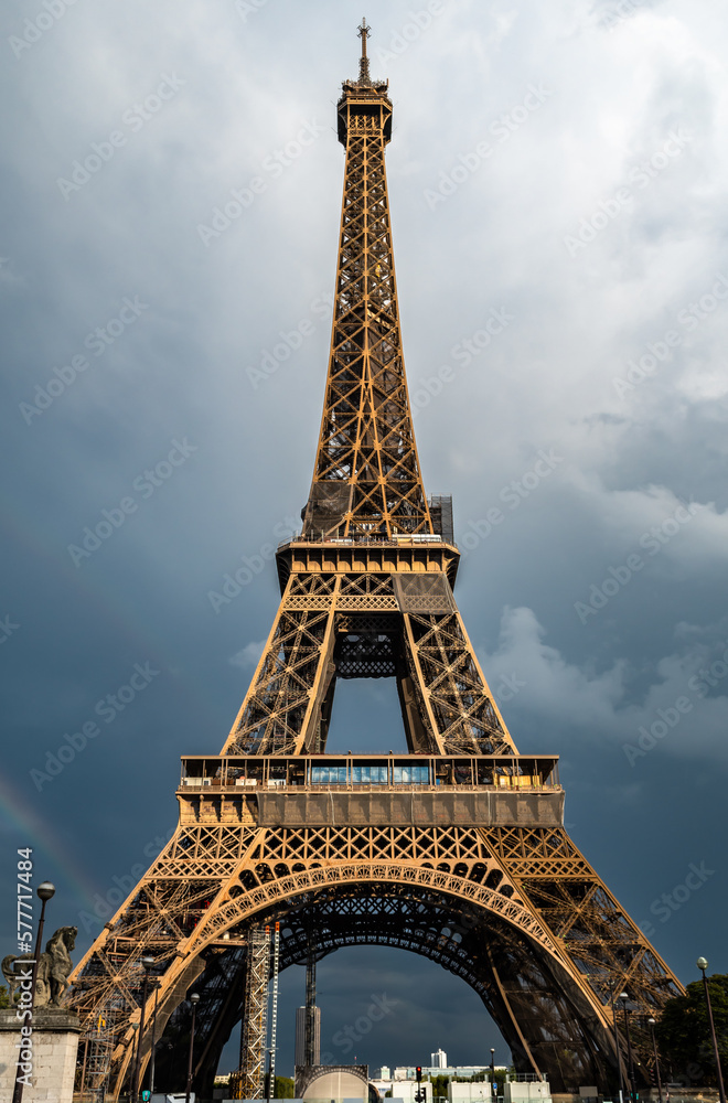 Famous Eiffel Tower (Tour Eiffel) With Rainbow In The Capital Of France Paris