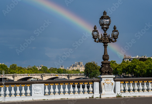 Bridge Pont Alexandre III Over River Seine With Colorful Rainbow in Paris, France © grafxart