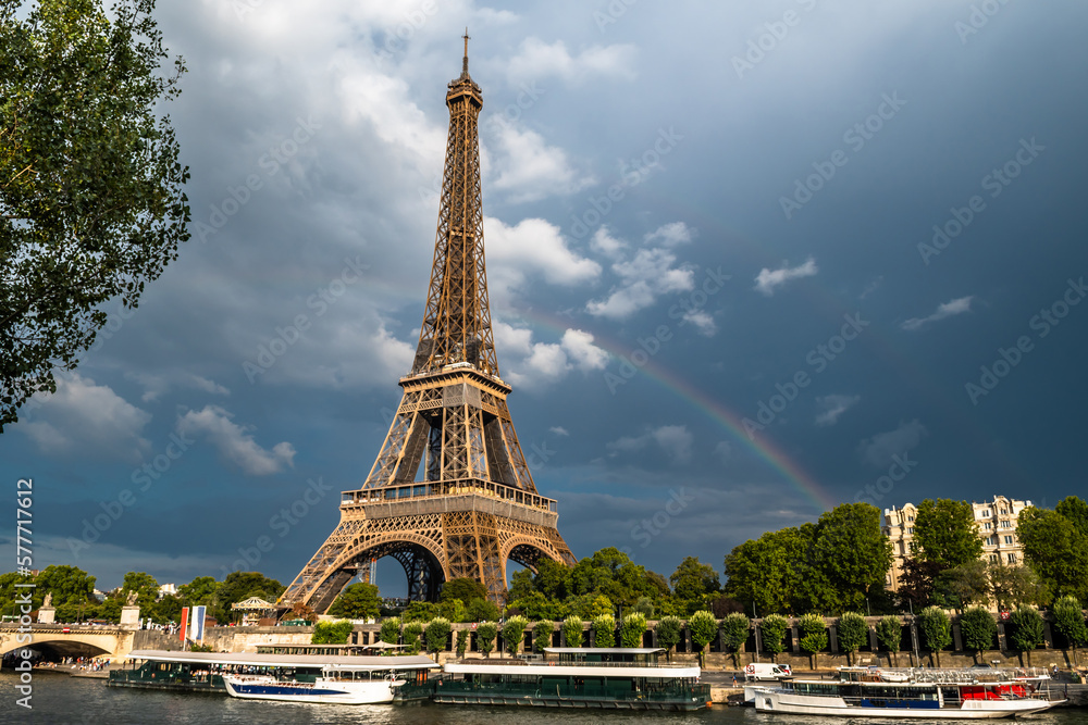 Famous Eiffel Tower (Tour Eiffel) With Rainbow And River Seine In The Capital Of France Paris - obrazy, fototapety, plakaty 