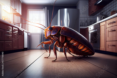 Tableau sur toile Big joyful black cockroach on the kitchen floor. Generative AI
