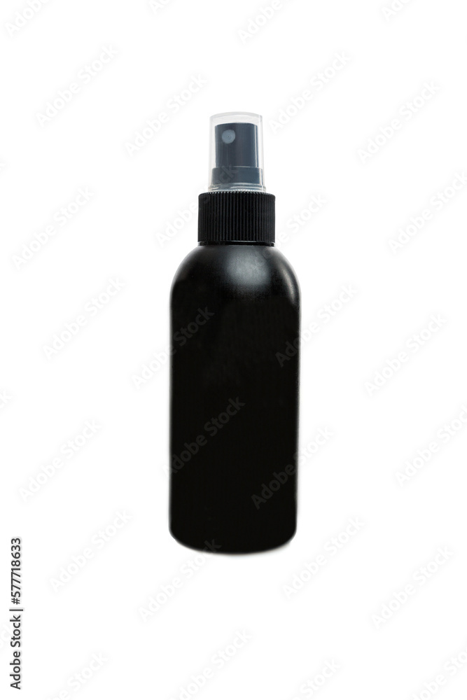 Black spray bottle. Cosmetics and medicine. Space for text. Isolated on white background. Vertical.