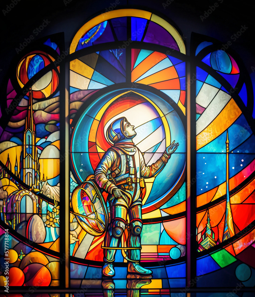 Astronaute sur vitrail, représentation de la conquête de l'espace. Fresque futuriste spatiale sur vitraux colorés traditionnels. IA générative.