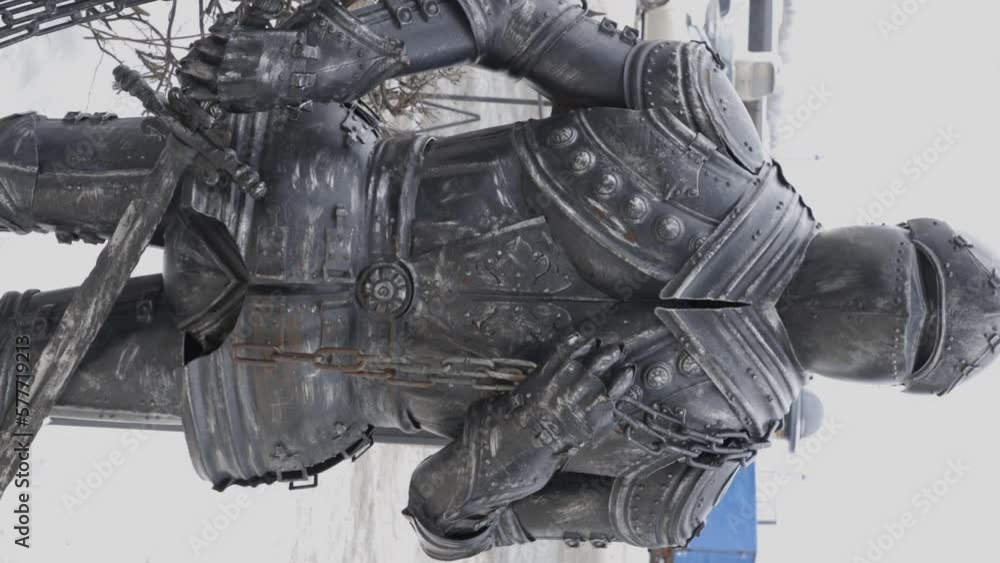Russia Vyborg 02.02.2023 Sculpture of a medieval knight in armor in the park Russia Vyborg 02.02.2023 Sculpture of a medieval knight in armor in the park