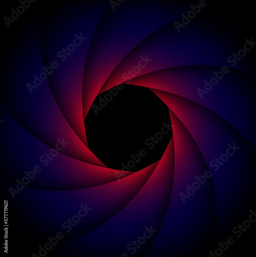 Background with camera lens shutter, elegant purple blue on black