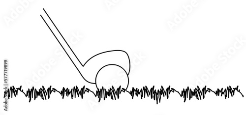 Cartoon golf ball with golf stick on grass field or lawn. For golfer player and golf course icon. Golf club with a ball silhouette. Line pattern