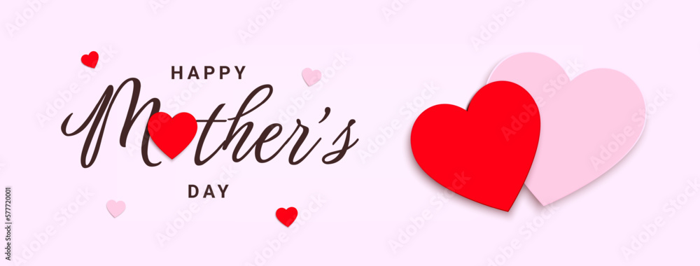 Happy mothers day card with paper flying heart elements. Vector love symbol and happy mothers day calligraphy on pink background.