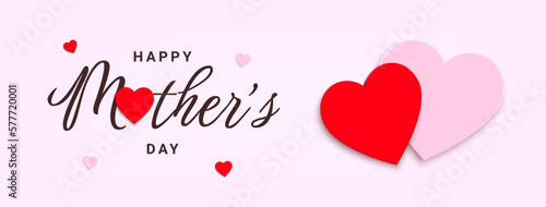 Happy mothers day card with paper flying heart elements. Vector love symbol and happy mothers day calligraphy on pink background.